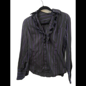 Express Women's Black Purple Pin Stripes Work Career Top V-Neck Long Sleeves S